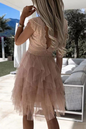 Süß Elegante Einfarbige Mesh V-Ausschnitt Ungleichmäßiges Kleid Kleider- 3 Farben
