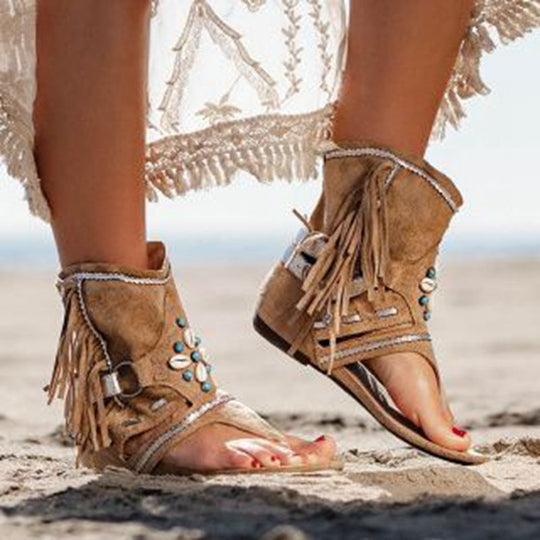 Damen Freizeitsandalen mit Fransen und detailreicher Dekoration