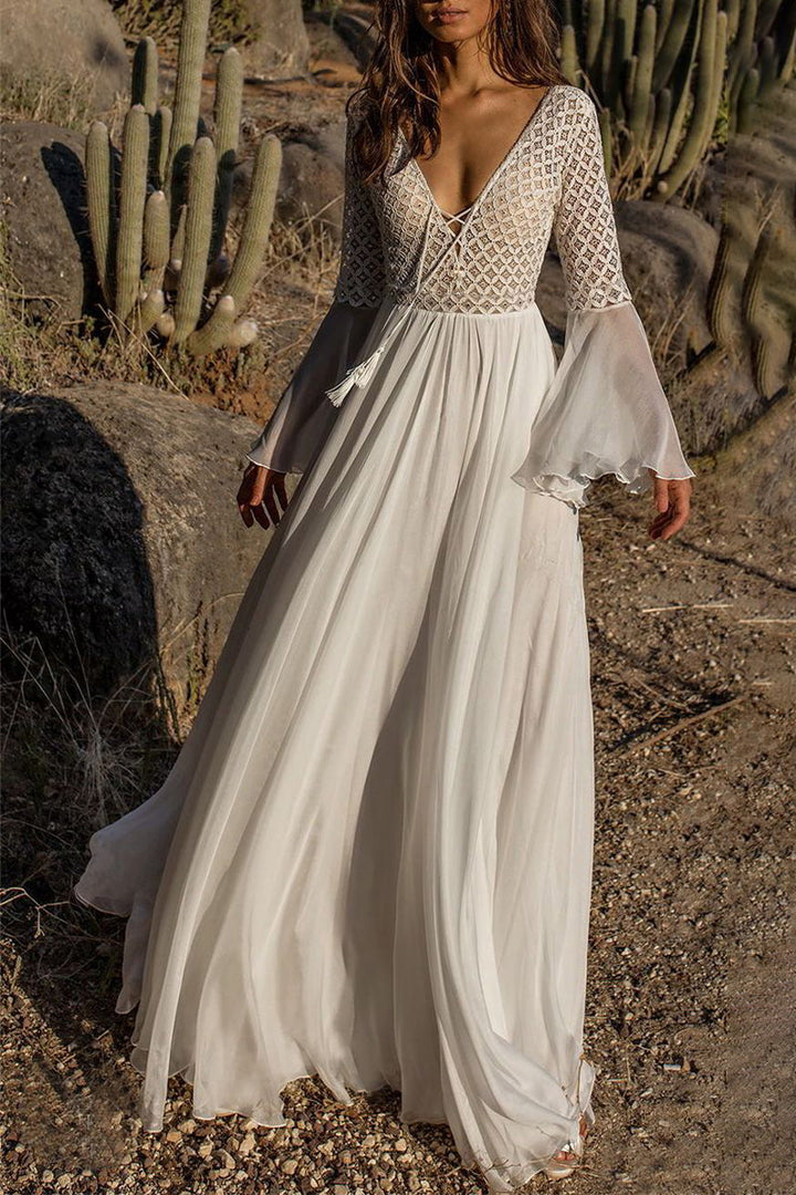 Sexy Einfarbig Spitze V-Ausschnitt Abendkleid Kleider