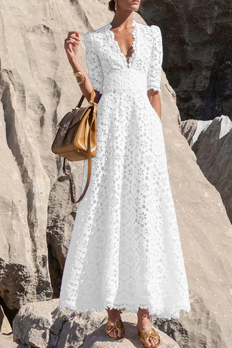 Elegante Einfarbige Ausgehöhlte V-Ausschnitt Taillierte Rock Kurzarm Kleid