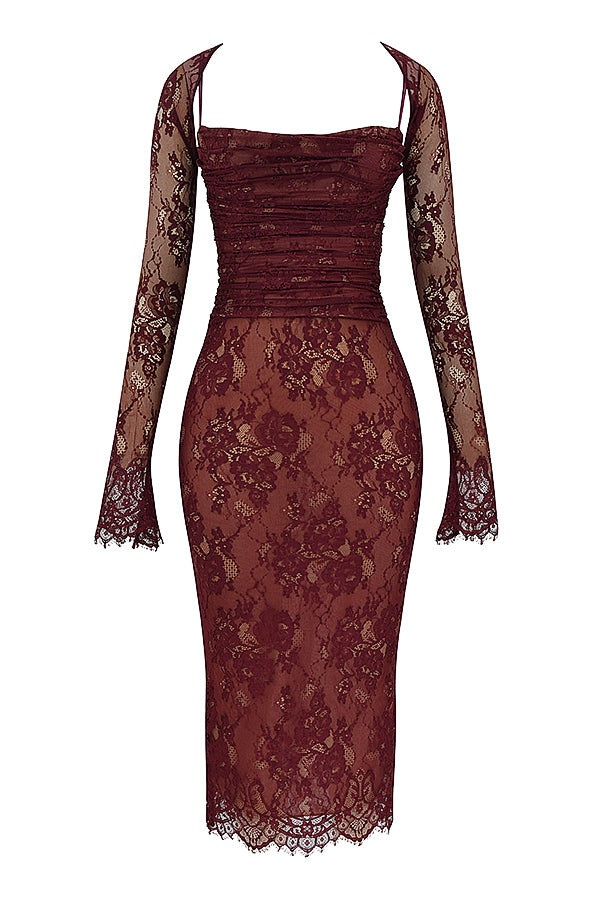 Midi Kleid aus Bordeauxrotem Spitze - Arvani