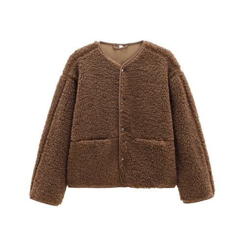 Damen Teddyfleece-Jacke, Rundhalsausschnitt, schlicht