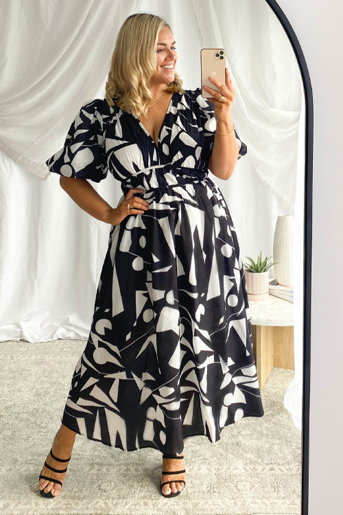 Real Love Print Puffärmel Maxi Kleid