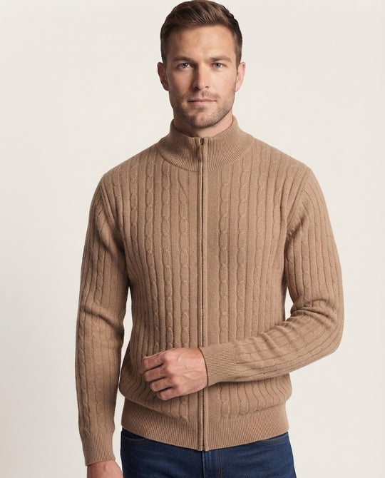 Herren Grobgestrickter Half-Zip Pullover mit Zopfmuster und Stehkragen Nord Taschen