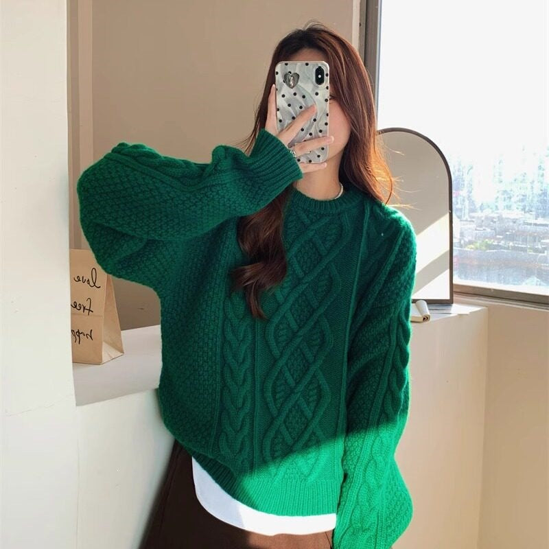 Damen-Strickpullover mit Zopfmuster, grob gestrickt