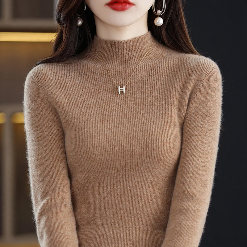 Damen-Kaschmirpullover, halbhoher Kragen, schmal geschnitten