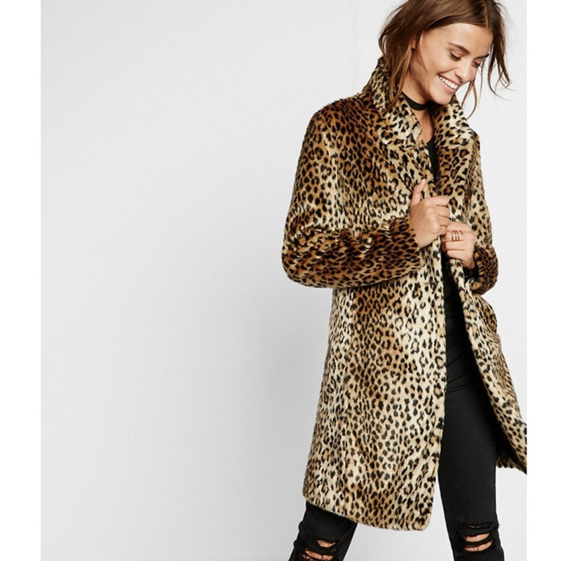 Damen Midilanger Faux‑Fur‑Mantel im Leopardenprint mit Reverskragen und Eingrifftaschen Nord Taschen
