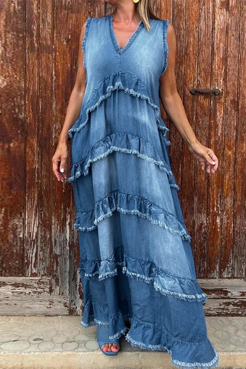 Lässige Zerrissene Rüsche V-Ausschnitt Ärmellose Lockere Denim Kleider - 3 Farben
