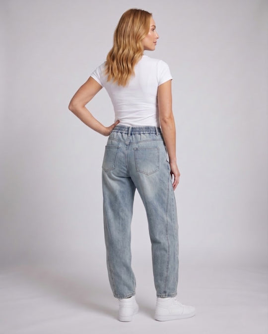 Damen Extraweite Denim-Palazzohose mit elastischem Tunnelzugbund und tiefem Schritt Nord Taschen