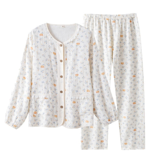 Damen-Pyjama-Set aus Baumwoll-Gaze, leicht, Landhausstil