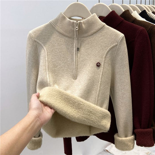 Gefütterter Damen-Strickpullover mit Reißverschluss und Stehkragen