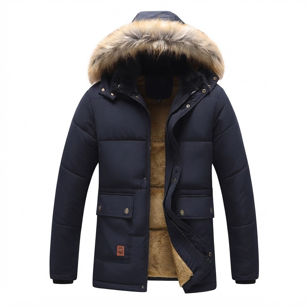 Herren isolierte Winter-Parka mit dickem Teddy-Futter, abnehmbarem Kunstfellkragen und multifunktionalen Taschen Nord Taschen