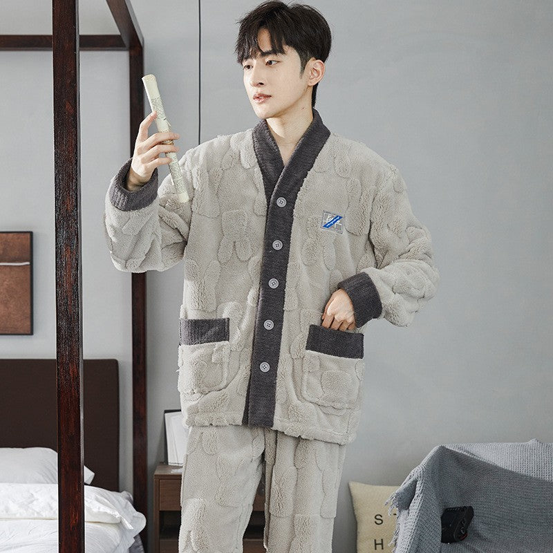 Herren-Pyjama-Set aus Korallenfleece, warm und mit Reißverschluss