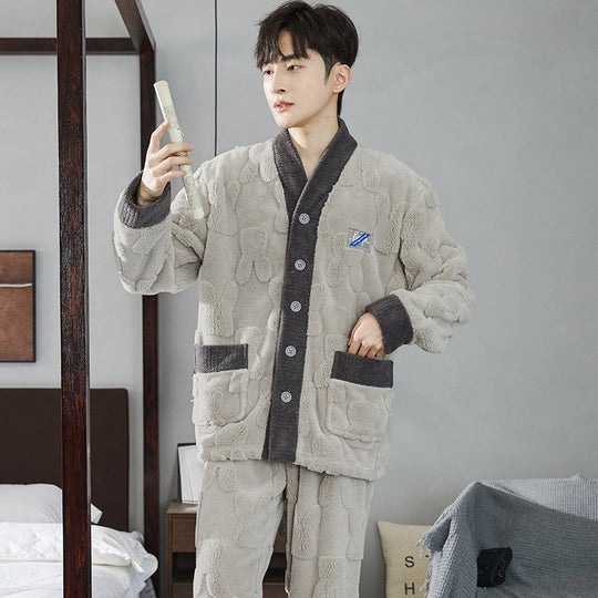 Herren-Pyjama-Set aus Korallenfleece, warm und mit Reißverschluss