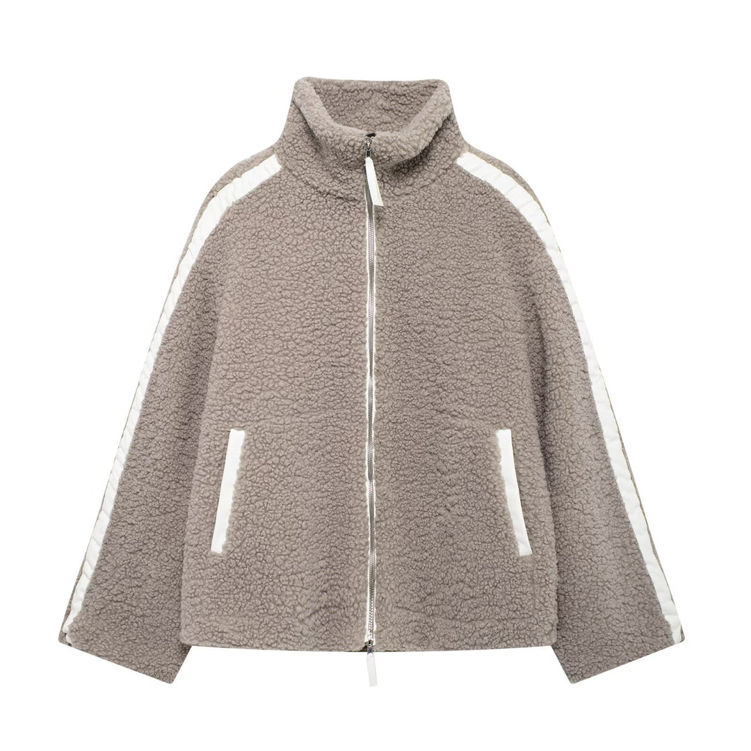 Damen-Teddyfleece-Jacke, Stehkragen, Reißverschluss, Oversized