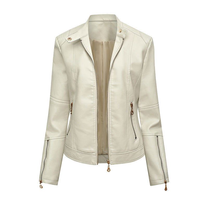 Damen Figurbetonte Kunstleder-Bikerjacke mit Stehkragen, taillierten Nähten und Reißverschlusstaschen Nord Taschen