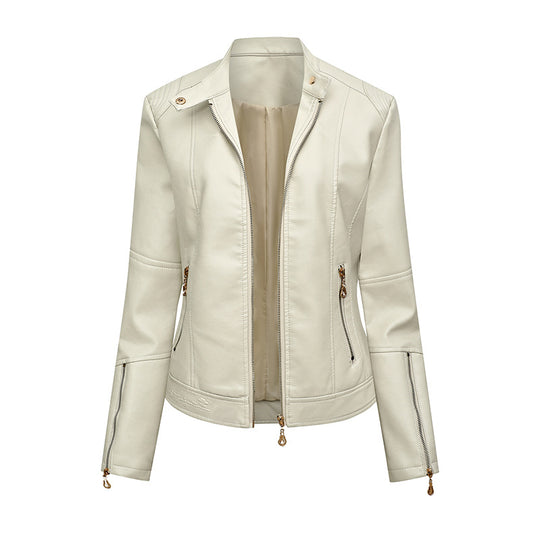 Damen Figurbetonte Kunstleder-Bikerjacke mit Stehkragen, taillierten Nähten und Reißverschlusstaschen Nord Taschen