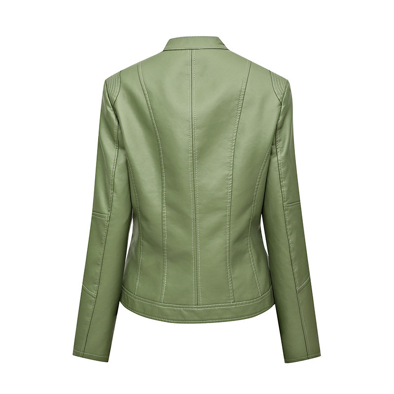 Damen Figurbetonte Kunstleder-Bikerjacke mit Stehkragen, taillierten Nähten und Reißverschlusstaschen Nord Taschen