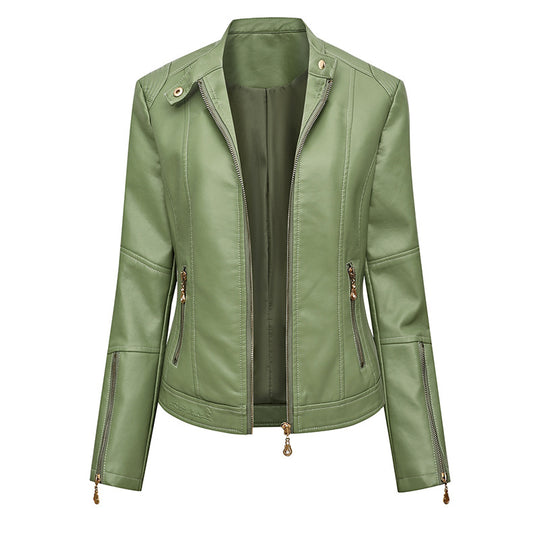 Damen Figurbetonte Kunstleder-Bikerjacke mit Stehkragen, taillierten Nähten und Reißverschlusstaschen Nord Taschen
