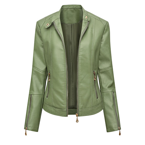 Damen Figurbetonte Kunstleder-Bikerjacke mit Stehkragen, taillierten Nähten und Reißverschlusstaschen Nord Taschen