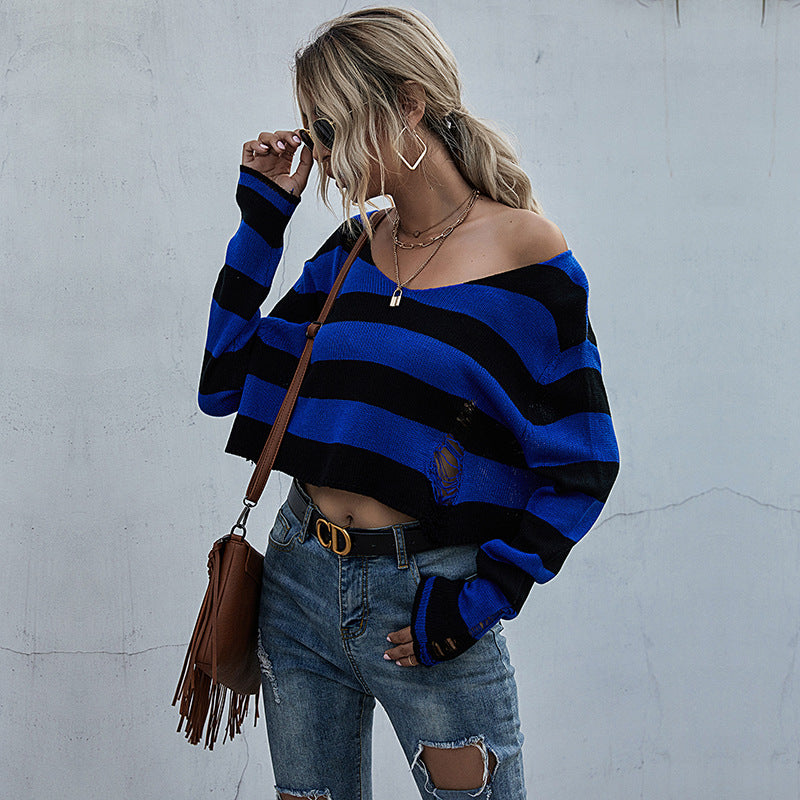 Damen Lässiger Crop-Pullover mit Streifen und Destroyed-Details Nord Taschen
