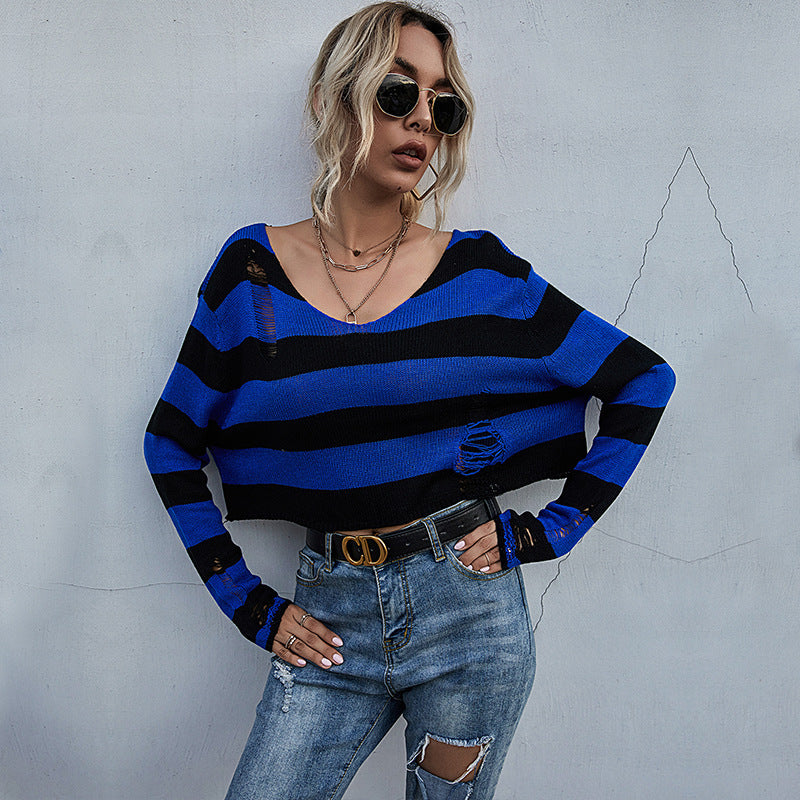 Damen Lässiger Crop-Pullover mit Streifen und Destroyed-Details Nord Taschen