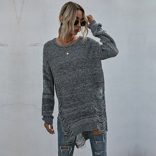 Damen Grobstrick-Longpullover mit seitlichen Fransen und geripptem Saum Nord Taschen