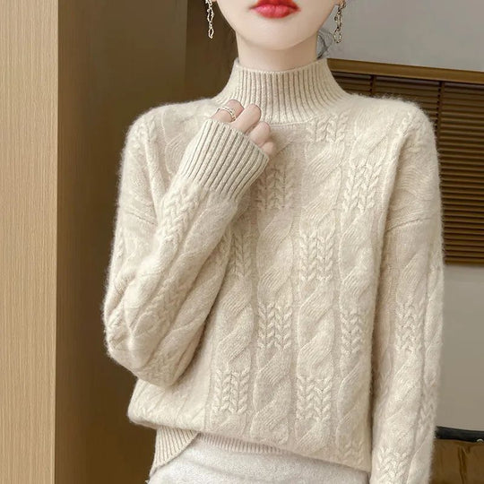 Damen Strickpullover, Stehkragen, Zopfmuster, 3D-Optik