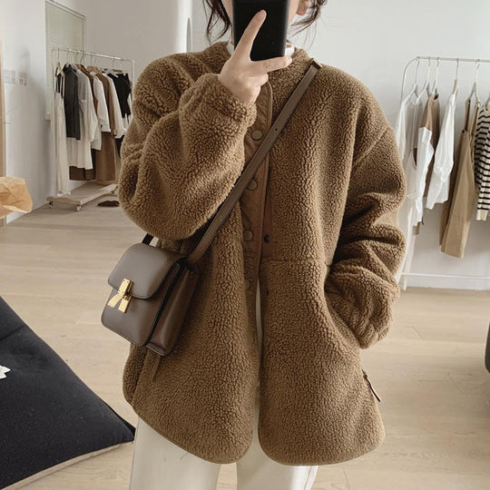 Damen-Lammfellimitat-Jacke, Stehkragen, gefüttert