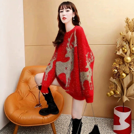 Damen-Strickpullover mit Weihnachtsmotiv, locker geschnitten