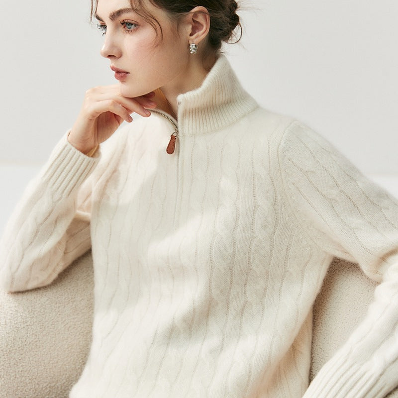 Damen-Strickpullover mit Reißverschluss und Zopfmuster