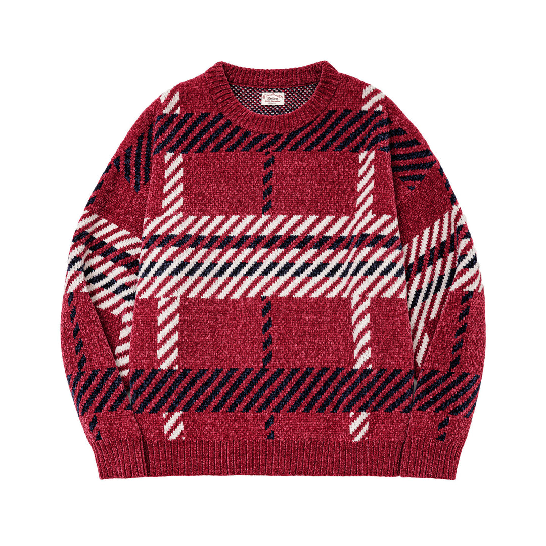 Damen-Strickpullover, Chenille, kariert, locker
