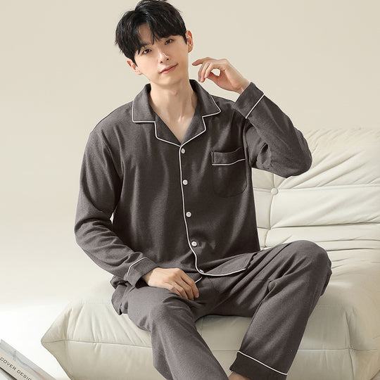 Herren-Pyjama-Set, Baumwolle, langärmelig, schlicht