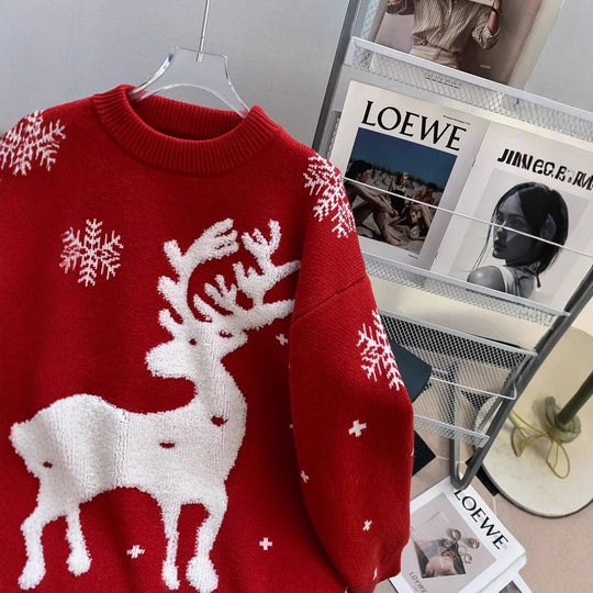 Weihnachtspullover für Damen, gestrickt, mit Rentier- und Schneeflocken