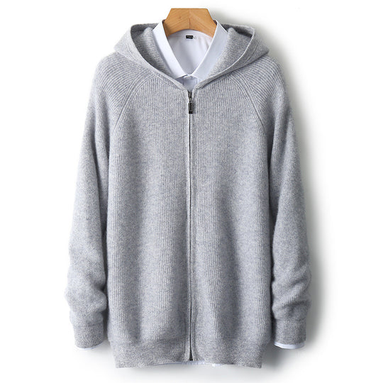 Herren-Strickjacke mit Kapuze, 100% Wolle