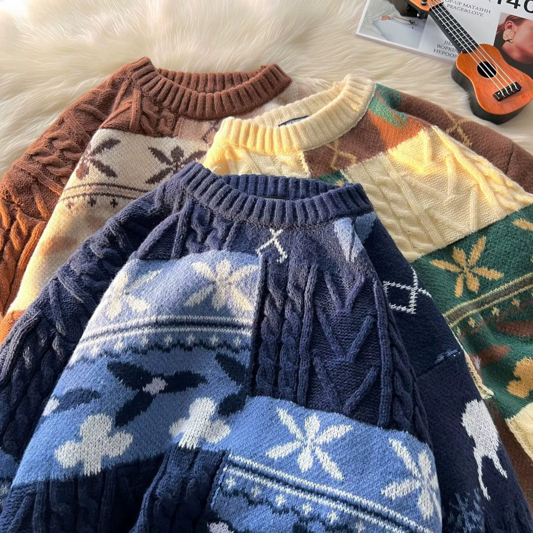 Retro Strickpullover für Paare, weihnachtliches Zopfmuster