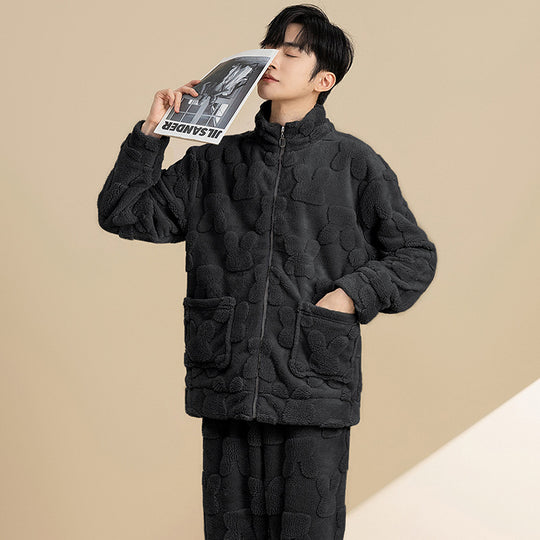 Herren-Pyjama-Set aus Korallenfleece, warm und mit Reißverschluss