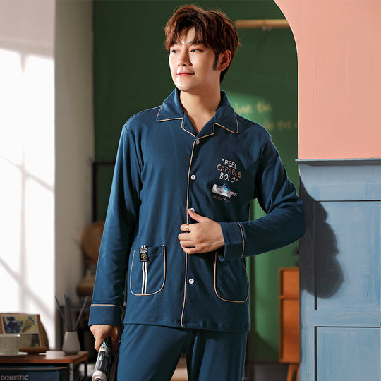 Herren-Pyjama-Set, Baumwolle, Langarm, mit Knopfleiste