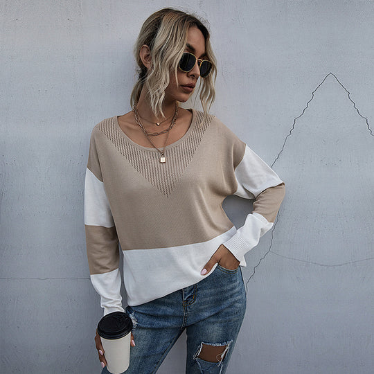 Damen Lockere Strickpullover im Blockmuster mit V‑Ajour‑Detail Nord Taschen