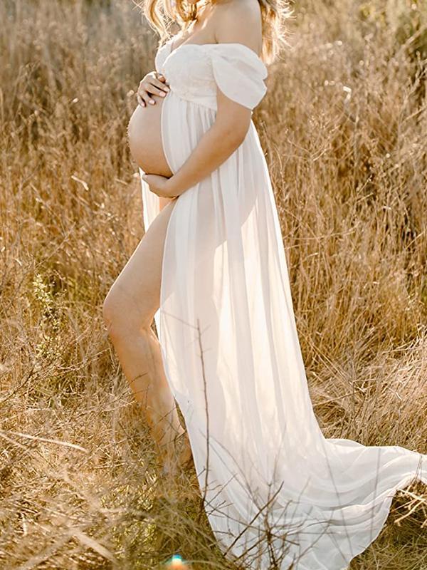 Umstands-Chaps, elegante, schicke, seitlich geschlitzte Spitze, Bandeau-Maxi-Fotoshooting-Kleider