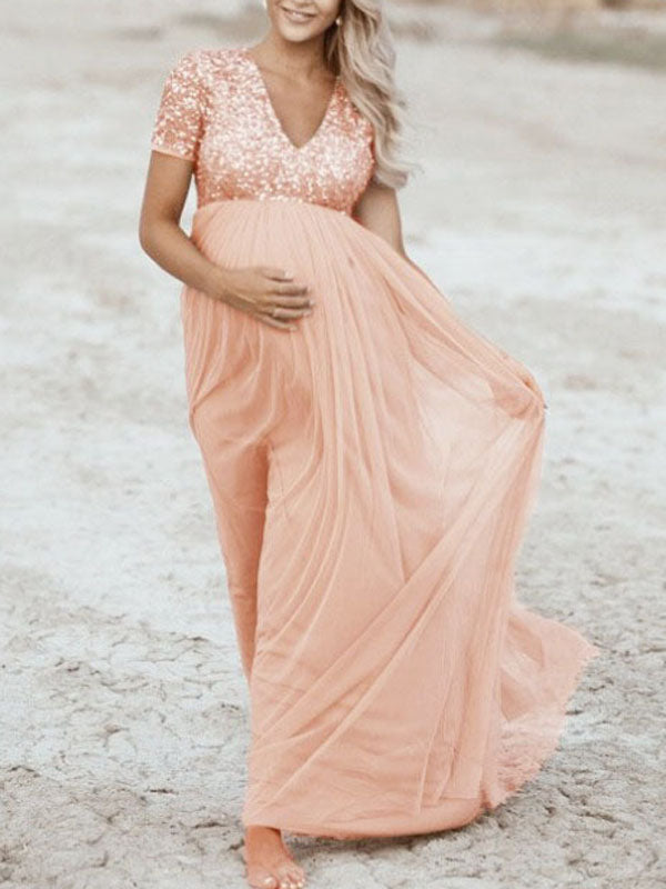 Schwangerschafts-Chaps Maxi-Fotoshooting-Kleider, elegante Pailletten, Tüll, Rosa, Babyparty - Vittorelli