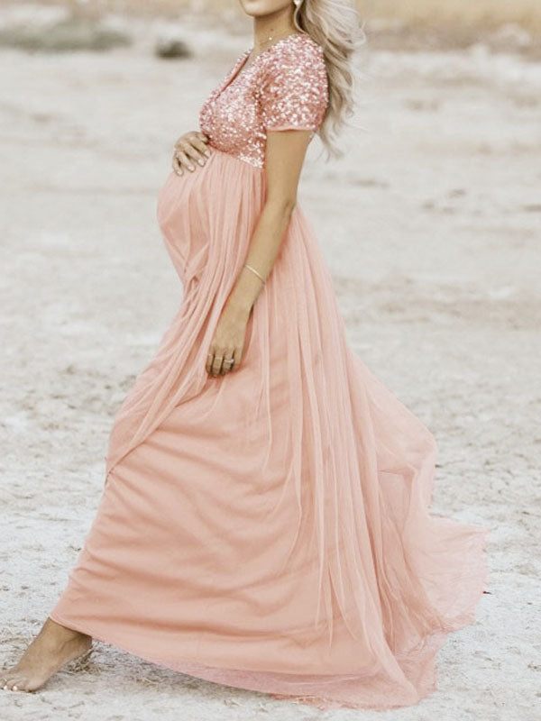 Schwangerschafts-Chaps Maxi-Fotoshooting-Kleider, elegante Pailletten, Tüll, Rosa, Babyparty - Vittorelli