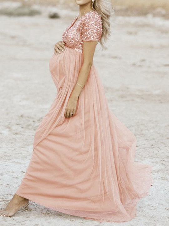 Schwangerschafts-Chaps Maxi-Fotoshooting-Kleider, elegante Pailletten, Tüll, Rosa, Babyparty - Vittorelli