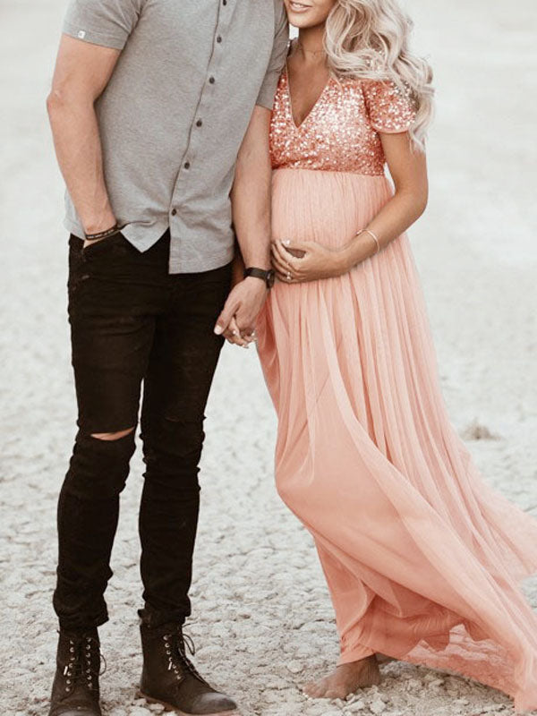 Schwangerschafts-Chaps Maxi-Fotoshooting-Kleider, elegante Pailletten, Tüll, Rosa, Babyparty - Vittorelli