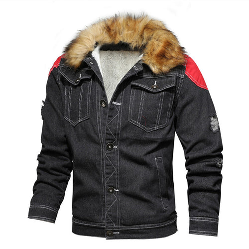 Herren Denim Worker-Jacke mit Kunstfellkragen, Teddy-Innenfutter und roten Schulterpatches Nord Taschen