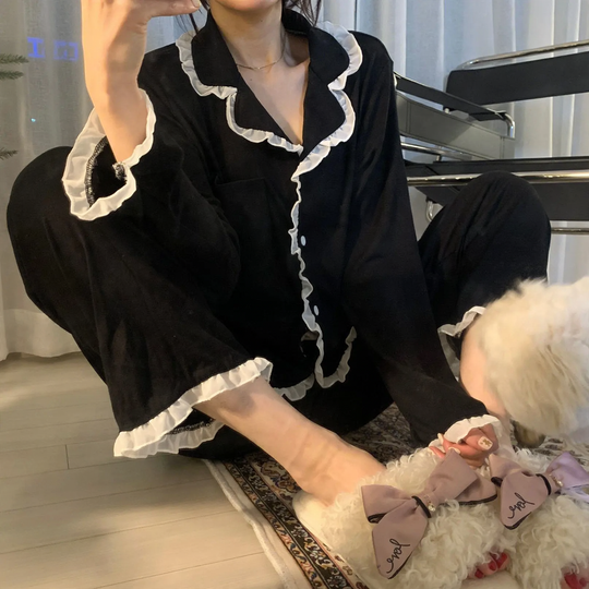Damen-Pyjama-Set, gerippt, mit Kragen