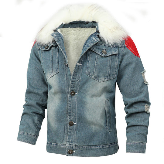 Herren Denim Worker-Jacke mit Kunstfellkragen, Teddy-Innenfutter und roten Schulterpatches Nord Taschen