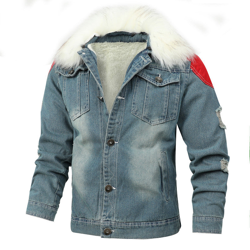Herren Denim Worker-Jacke mit Kunstfellkragen, Teddy-Innenfutter und roten Schulterpatches Nord Taschen