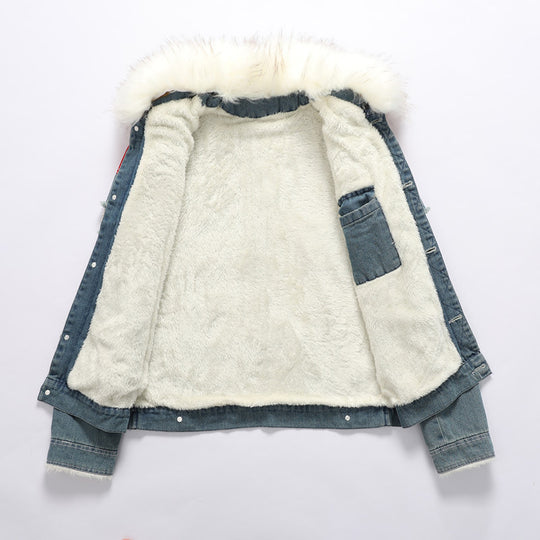 Herren Denim Worker-Jacke mit Kunstfellkragen, Teddy-Innenfutter und roten Schulterpatches Nord Taschen