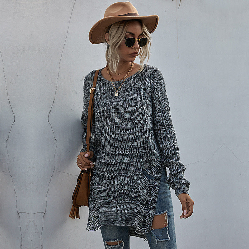 Damen Grobstrick-Longpullover mit seitlichen Fransen und geripptem Saum Nord Taschen